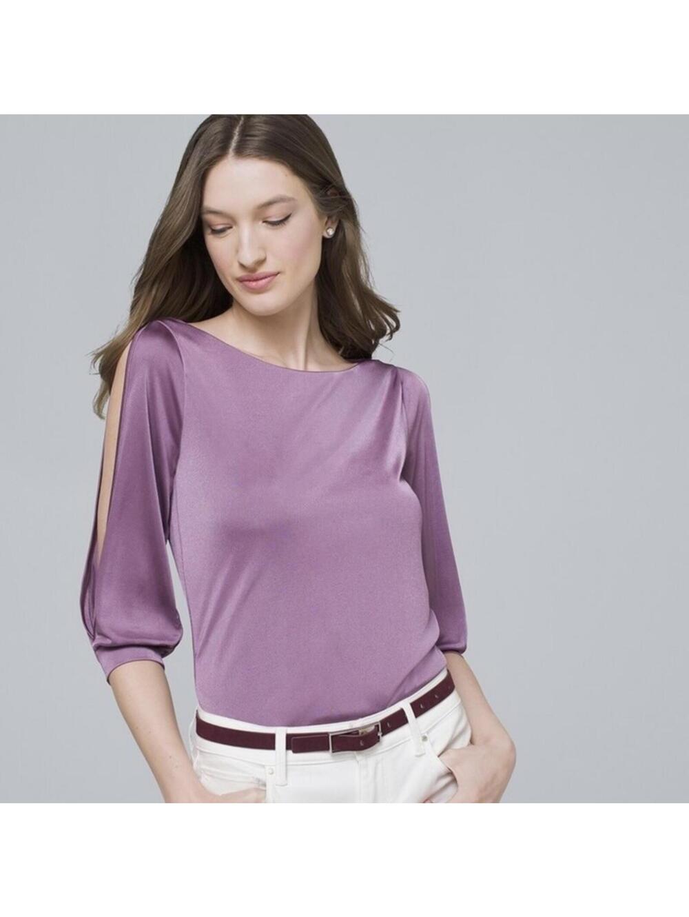 White House Black Market Satin Lilac Purple 3/4 Sleeve Top with Shoulder Slits